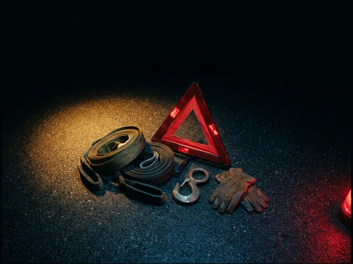Sangles, crochet de remorquage, gants et triangle de signalisation, matériel de TC Dépannage